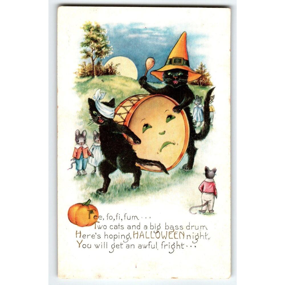 Halloween Postcard Whitney Black Cats Band Mice Anthropomorphic Drum Fantasy
